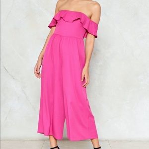 Off the shoulder ruffle culotte jumpsuit pink